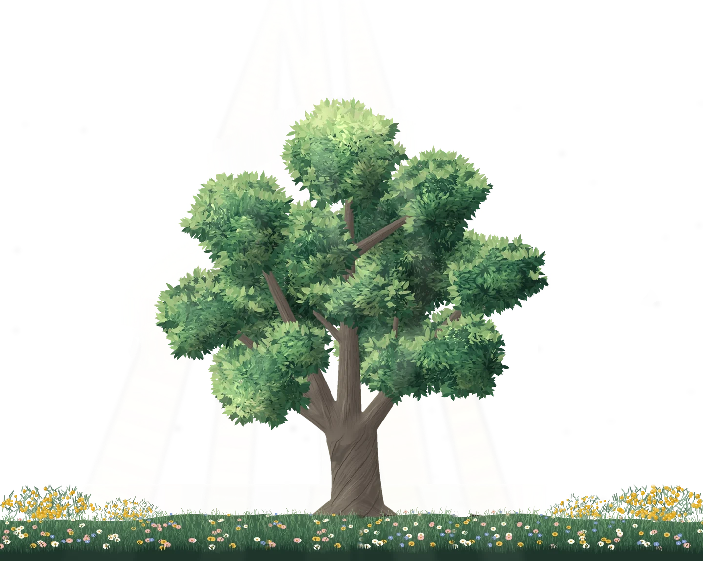 An original storybook illustration of an apple tree on a misty morning, a short, stout trunk with bark spiralling around it, splitting low into a fan of slender branches, each ending in a leafy cluster dotted with pink blossoms, with a wildflower meadow around it